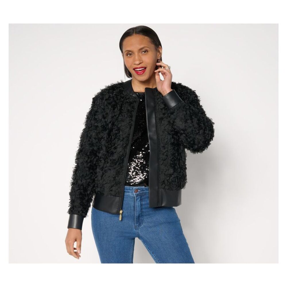Mally Roncal Women's Jacket Sz XL Rosebud Textured Bomber Black A682241